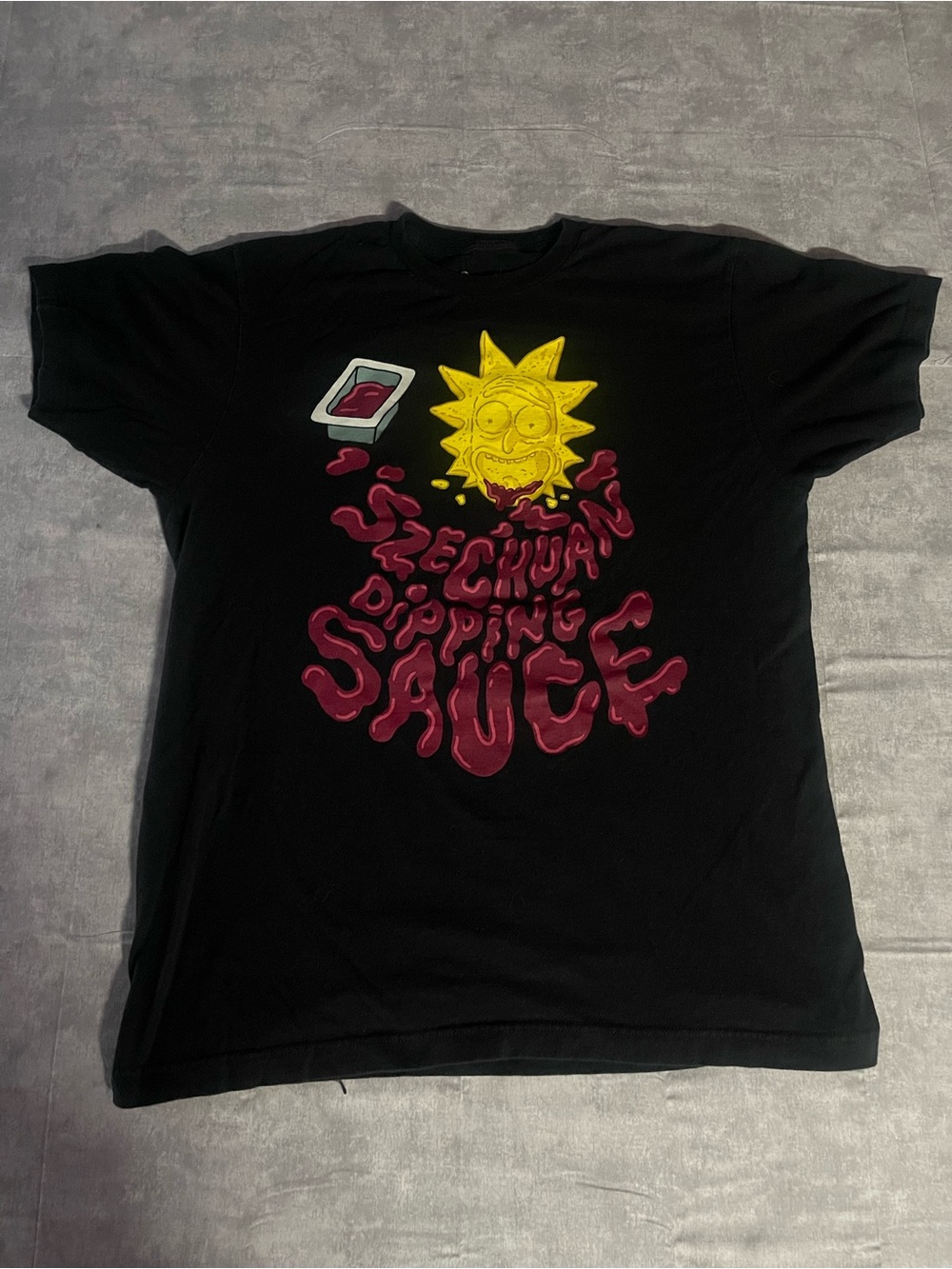 Rick N Morty Black Graphic Tee with Yellow Character and Maroon Szechuan Artwork